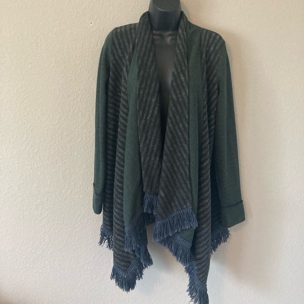 Saturday Sunday Elise Fringed Cardigan Green And Gray Striped Size Small